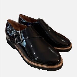Franco Sarto Cade Monk Strap Buckle Womens Size 9.5 Black Patent Chunky Sole